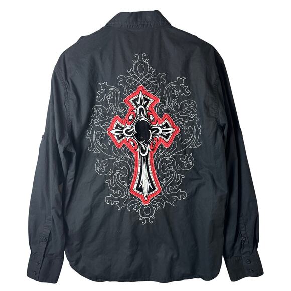 Attitude Studded Button Down Shirt Mens Sz Lg Y2K Black Cross Embroidered Punk - Picture 1 of 9